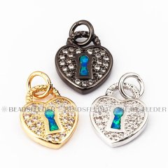 Heart Lock charm/pendant,blue opal, clear CZ micro paved,findingings,Cubic Zirconia CZ pendant,jewelry supplies,craft supplies,15mm,1pc