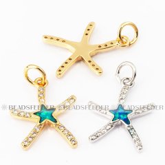 Sea star charm/pendant,blue opal, clear CZ micro paved,findingings,Cubic Zirconia CZ pendant,jewelry supplies,craft supplies,18x13x2mm,1pc