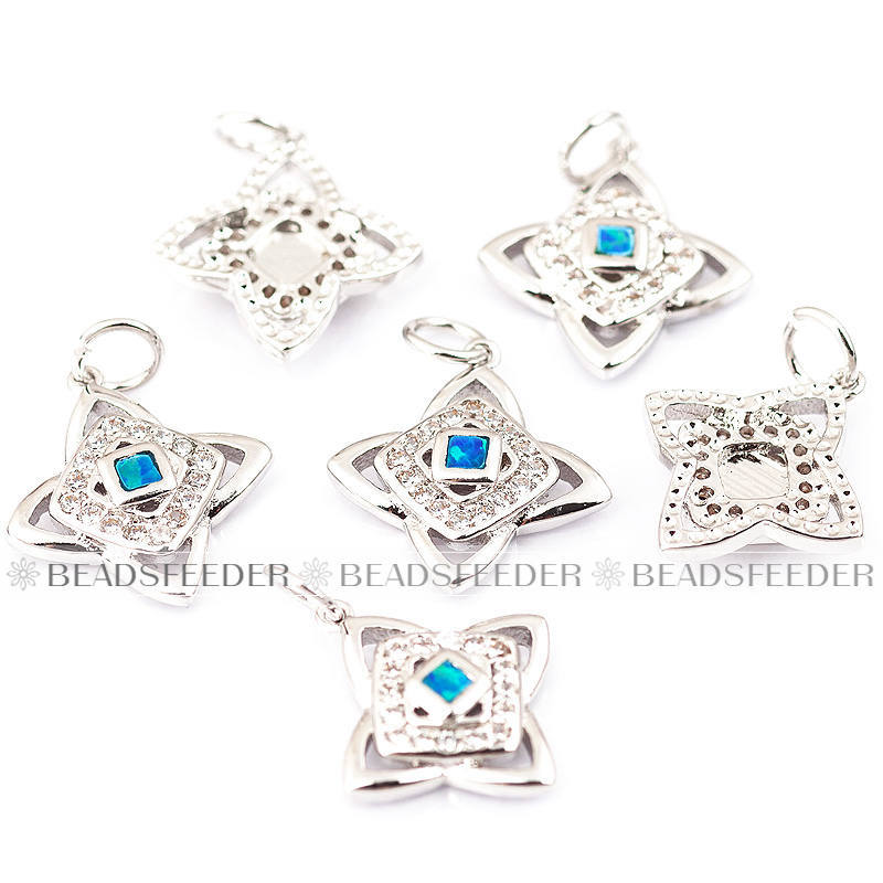 Clover flower charm/pendant,blue opal, clear CZ micro paved,findingings,Cubic Zirconia CZ pendant,jewelry supplies,craft supplies,14mm,1pc