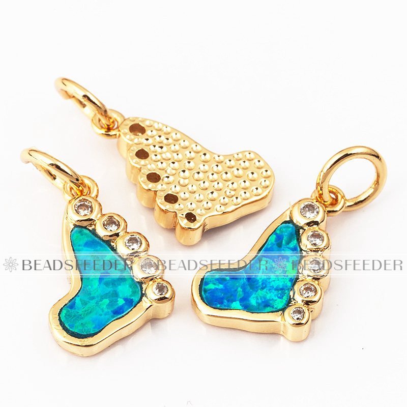 Cute baby feet charm/pendant,blue opal, clear CZ micro paved,findingings,Cubic Zirconia CZ pendant,jewelry supplies,craft supplies,15x8x2mm,1pc