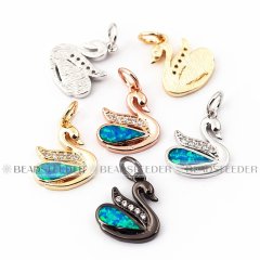 Swan charm/pendant,blue opal, clear CZ micro paved, findingings, Cubic Zirconia CZ pendant , jewelry supplies,craft supplies,13mm,1pc