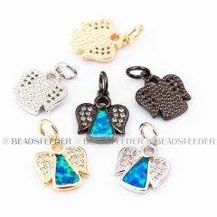 Angel charm/pendant,blue opal, clear CZ micro paved,findingings,Cubic Zirconia CZ pendant,jewelry supplies,craft supplies,12x10x2mm,1pc