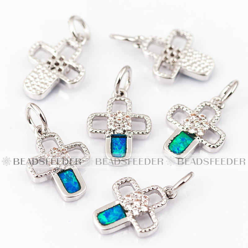 Cross charm/pendant,blue opal, clear CZ micro paved,findingings,Cubic Zirconia CZ pendant,jewelry supplies,craft supplies,15x9x2.5mm,1pc