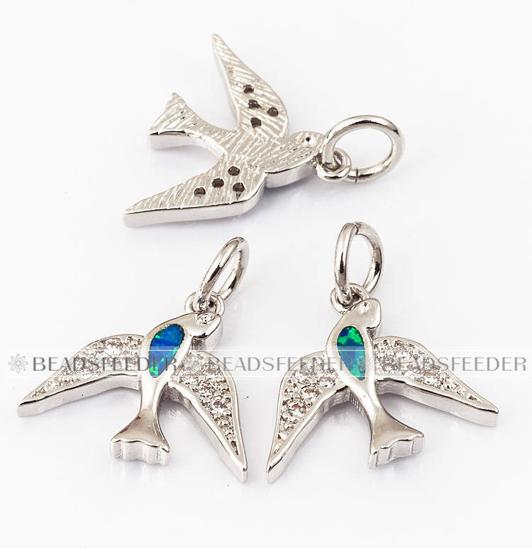 Swallow bird charm/pendant,blue opal, clear CZ micro paved,findingings,Cubic Zirconia CZ pendant,jewelry supplies,craft supplies,12mm,1pc