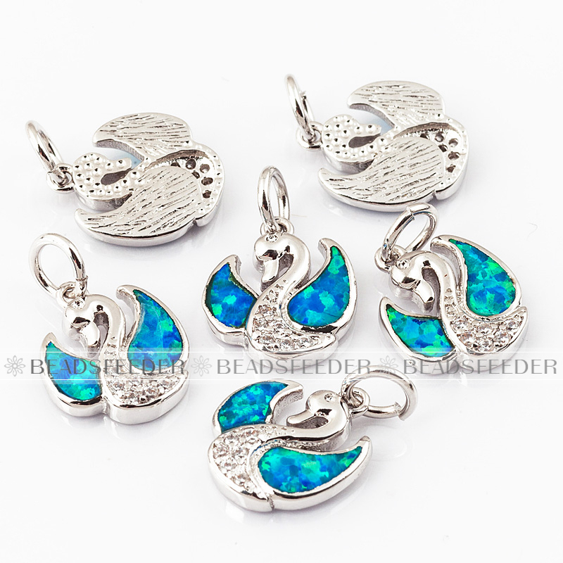 Swan charm/pendant,blue opal, clear CZ micro paved,findingings,Cubic Zirconia CZ pendant,jewelry supplies,craft supplies,12mm,1pc