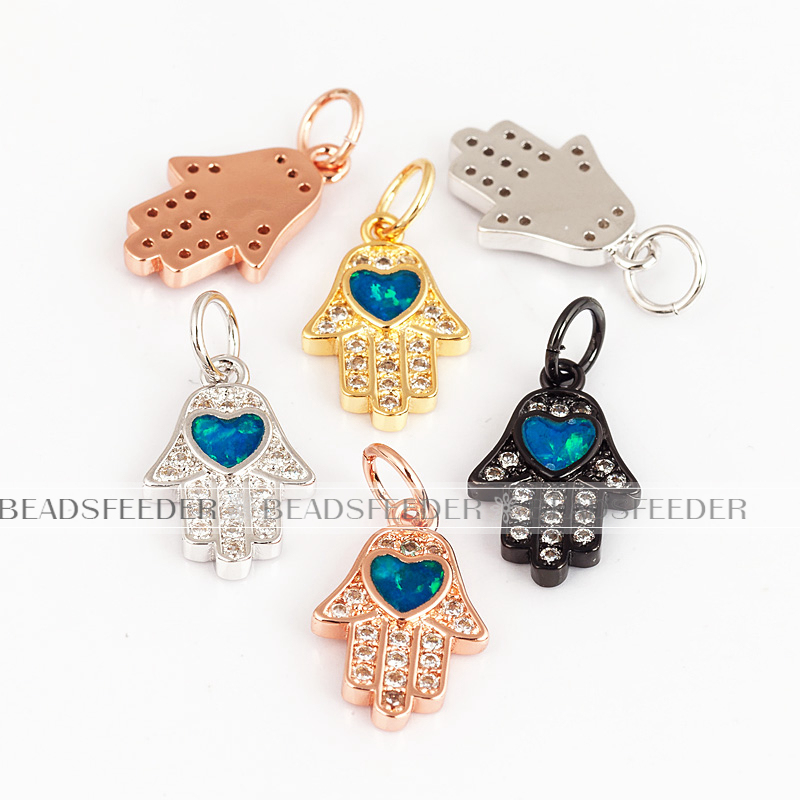 Hamsa Hand charm/pendant,blue opal, clear CZ micro paved,findingings,Cubic Zirconia CZ pendant,jewelry supplies,craft supplies,17mm,1pc