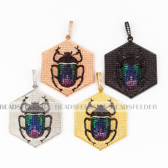 Scarab beetle CZ pendant for neck lace, Fuchsia/green CZ Micro Paved,Cubic Zirconia insect pendant ,53mm, 1pc