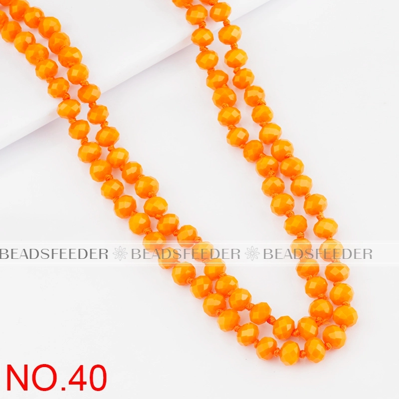 60'' inch,  orange , knotted necklace chain,ready to wear, 8mm crystal glass beads knotted, , 1 strand