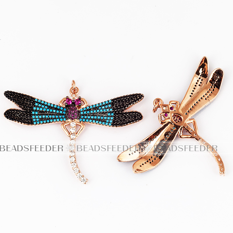 Dragonfly CZ pendant for neck lace, fuchsia CZ Micro Paved,Cubic Zirconia insect pendant ,40mm, 1pc