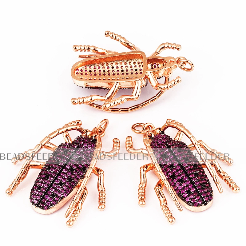 Longicorn Long-horned beetle CZ pendant for neck lace, Fuchsia CZ Micro Paved,Cubic Zirconia insect pendant ,36mm, 1pc