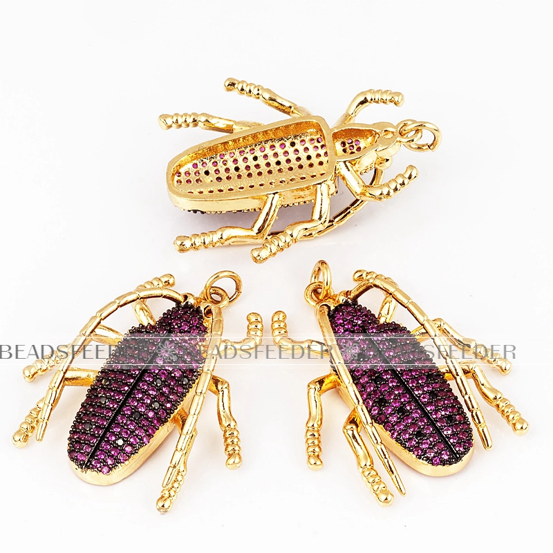 Longicorn Long-horned beetle CZ pendant for neck lace, Fuchsia CZ Micro Paved,Cubic Zirconia insect pendant ,36mm, 1pc