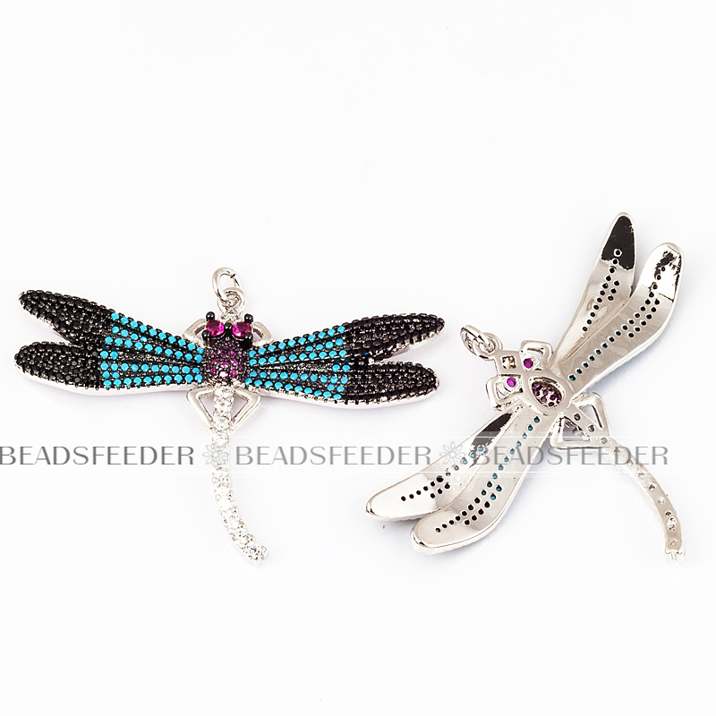 Dragonfly CZ pendant for neck lace, fuchsia CZ Micro Paved,Cubic Zirconia insect pendant ,40mm, 1pc