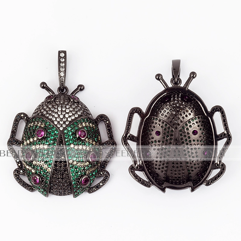 Scarab beetle CZ pendant for neck lace, Fuchsia/green CZ Micro Paved,Cubic Zirconia insect pendant ,44mm, 1pc