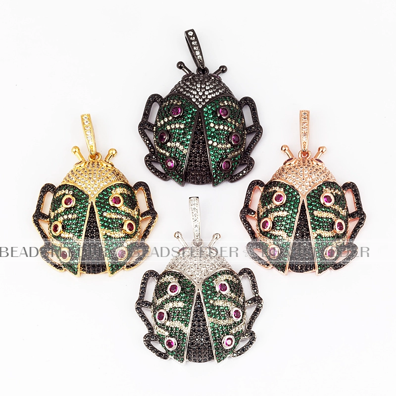 Scarab beetle CZ pendant for neck lace, Fuchsia/green CZ Micro Paved,Cubic Zirconia insect pendant ,44mm, 1pc