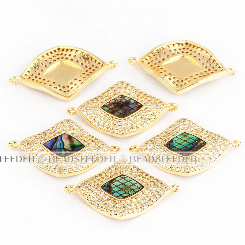 Diamond shape link connector，with abalone shell chips，clear cubic zirconia CZ micro pave , space connector ,28x17x3mm 1pc