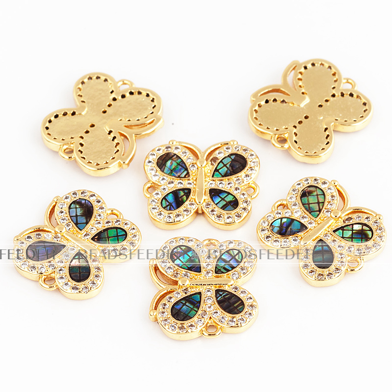 Butterfly link connector，with abalone shell chips，clear cubic zirconia CZ micro pave , space connector for bracelet ,16x13.5x2mm 1pc