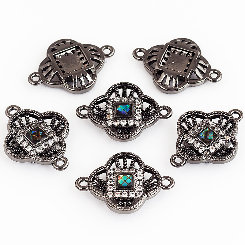 Clover flower connector，with abalone shell chips，clear cubic zirconia CZ micro pave , space connector ,19x14x3mm 1pc