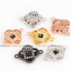 Clover flower connector，with abalone shell chips，clear cubic zirconia CZ micro pave , space connector ,19x14x3mm 1pc