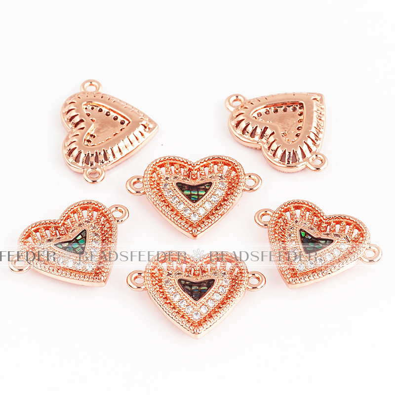 Heart link connector，with abalone shell chips，clear cubic zirconia CZ micro pave , space connector for bracelet ,19x14x3mm 1pc