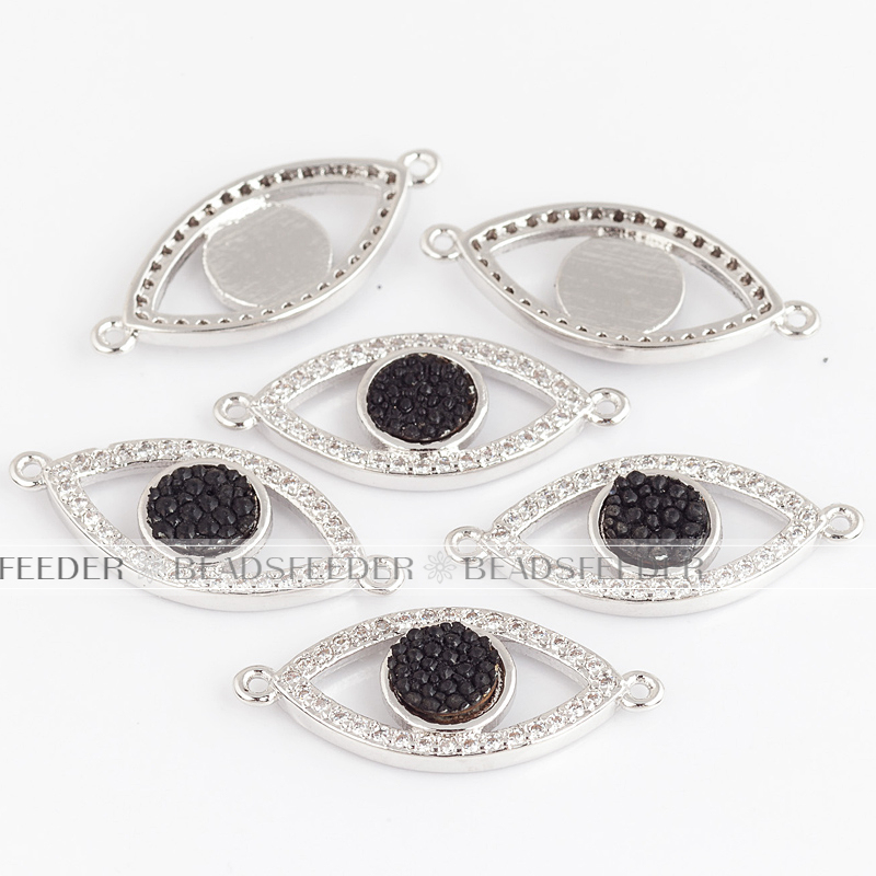 Evil eye connector with genuine black Stingray skin,clear CZ micro pave , space connector ,24x10x3mm 1pc