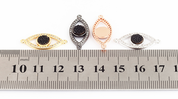 Evil eye connector with genuine black Stingray skin,clear CZ micro pave , space connector ,24x10x3mm 1pc