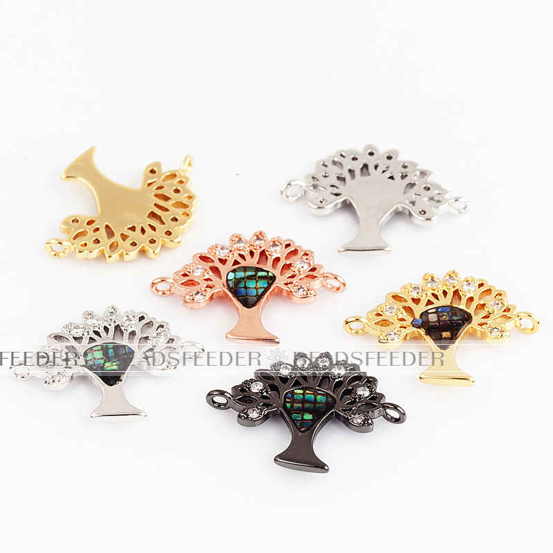 Tree of life connector micro paved with abalone shell chips,CZ findinging/Cubic Zirconia connector ,Rose Gold/black/Silver colour, 19x14x2mm