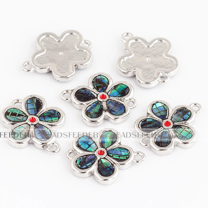 Flower link connector，with abalone shell chips，clear cubic zirconia CZ micro pave , space connector for bracelet ,15x12x2mm 1pc