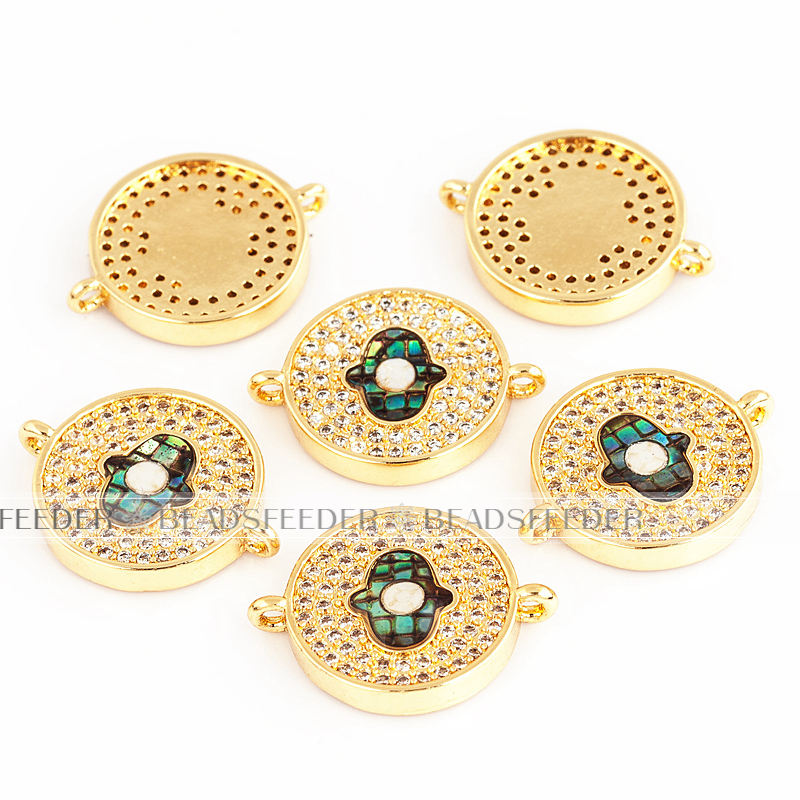 Hamsa Hand on disc link connector，with abalone shell chips，clear CZ micro pave , space connector ,18x14x2.5mm 1pc