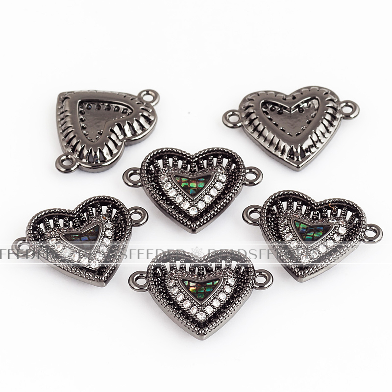 Heart link connector，with abalone shell chips，clear cubic zirconia CZ micro pave , space connector for bracelet ,19x14x3mm 1pc