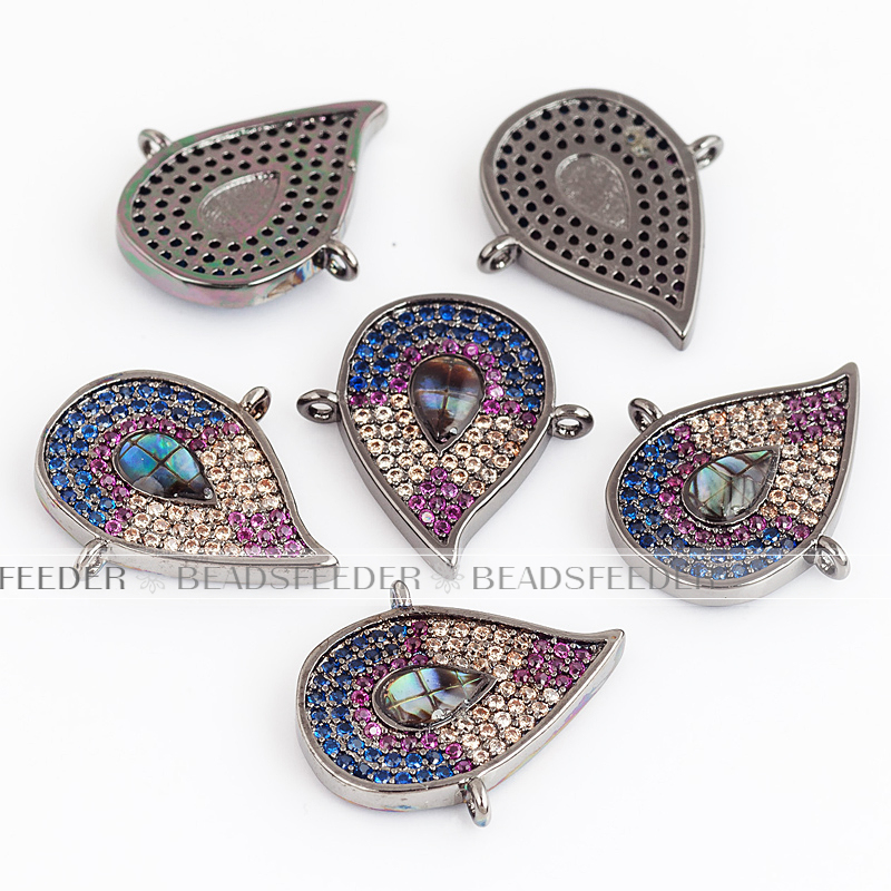 Tear drop evil eye connector，with abalone shell chips，clear CZ micro pave , space connector ,17x20mm 1pc