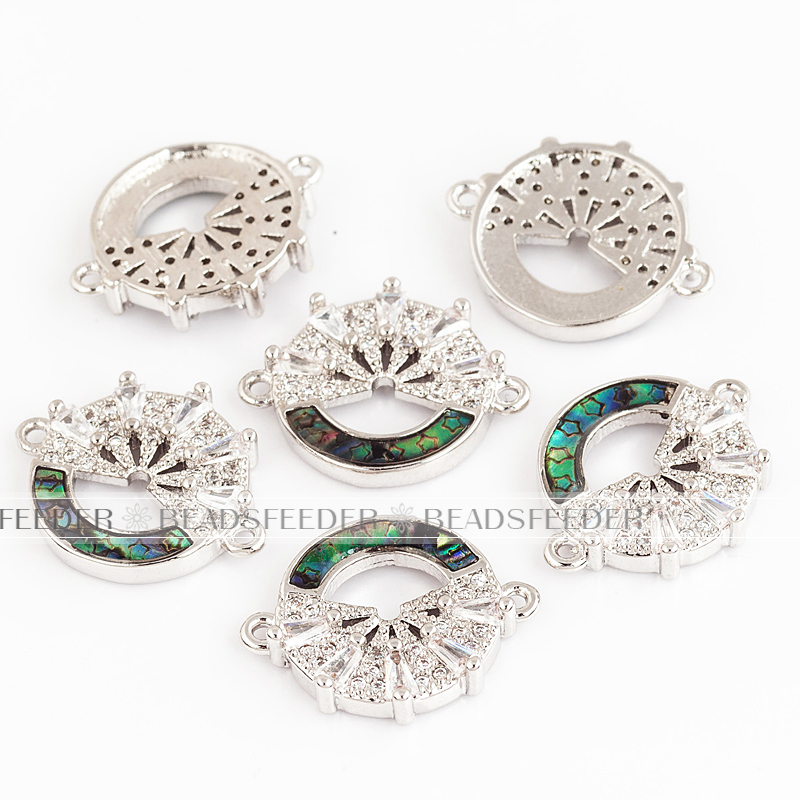 Flower circle link connector，with abalone shell chips，clear cubic zirconia CZ micro pave , space connector for bracelet ,18mm 1pc