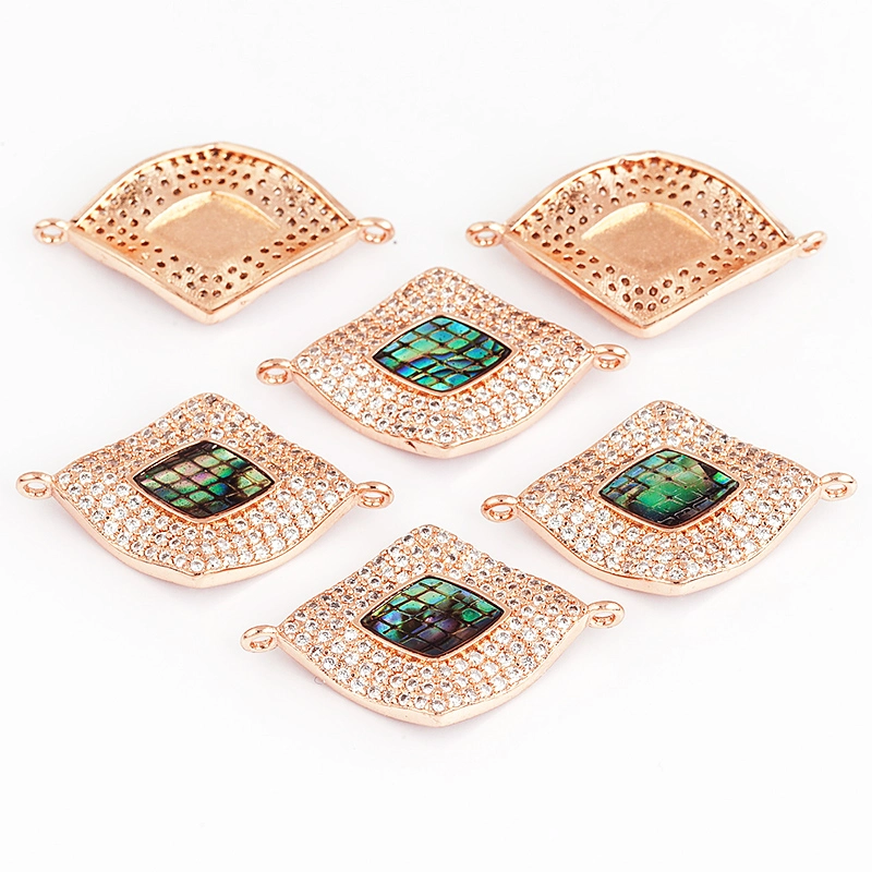 Diamond shape link connector，with abalone shell chips，clear cubic zirconia CZ micro pave , space connector ,28x17x3mm 1pc