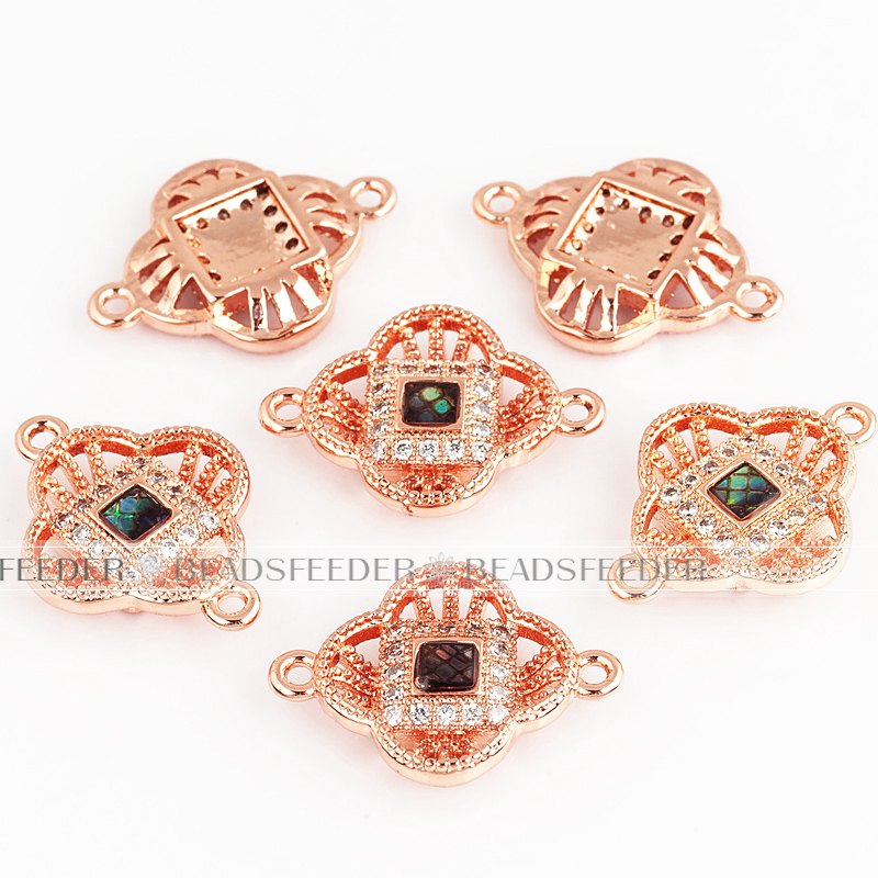 Clover flower connector，with abalone shell chips，clear cubic zirconia CZ micro pave , space connector ,19x14x3mm 1pc