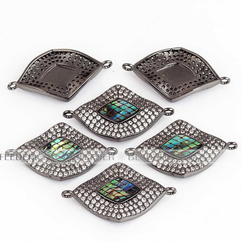 Diamond shape link connector，with abalone shell chips，clear cubic zirconia CZ micro pave , space connector ,28x17x3mm 1pc