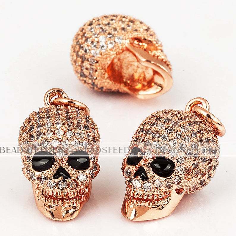 3D black eye skull charm/pendant,CZ Micro Pave charm , Clear/black Cubic Zirconia charms in gold/rose gold/silver colour,21mm 1pc