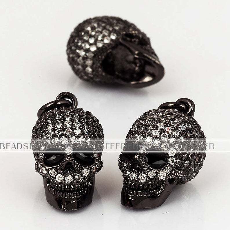 3D black eye skull charm/pendant,CZ Micro Pave charm , Clear/black Cubic Zirconia charms in gold/rose gold/silver colour,21mm 1pc
