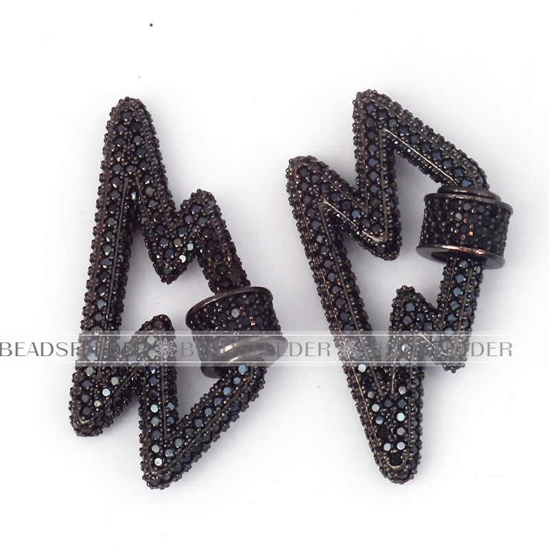 Screw on flashing bolt Shape Clasp for metal chain and cord, Black CZ ,Pave Lock,34x17mm,1pc