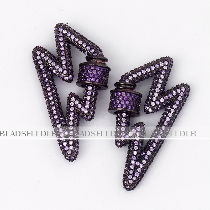 Screw on flashing bolt Shape Clasp for metal chain and cord, Violet CZ ,Pave Lock,34x17mm,1pc