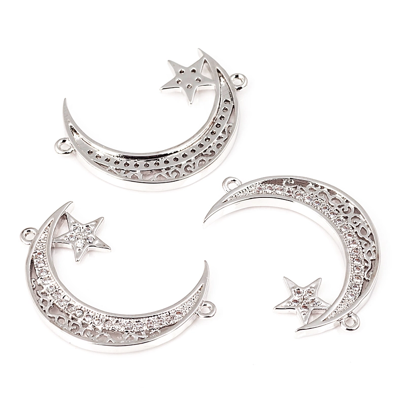 Half moon Star crescent Clear CZ connector link micro paved ,Micro pave findinging/Cubic Zirconia space connector,white gold colour,29mm 1pc