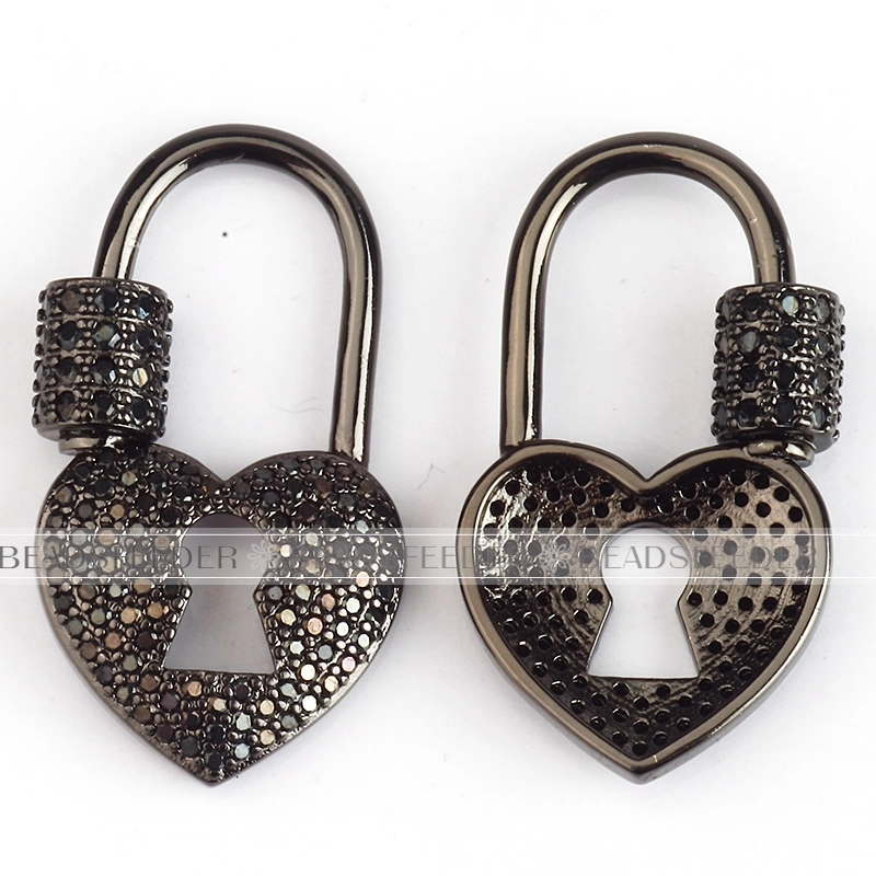 Screw on heart lock Shape Clasp for metal chain and cord, Gold/Rose gold/Silver/Black,Pave heart Lock,28x16mm,1pc