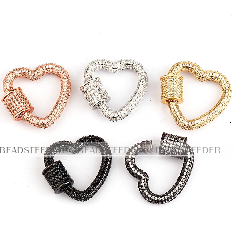 Screw on fully pave heart Shape Clasp for metal chain and cord, Gold/Rose gold/Silver/Black,Pave Oval Lock,23x22mm,1pc