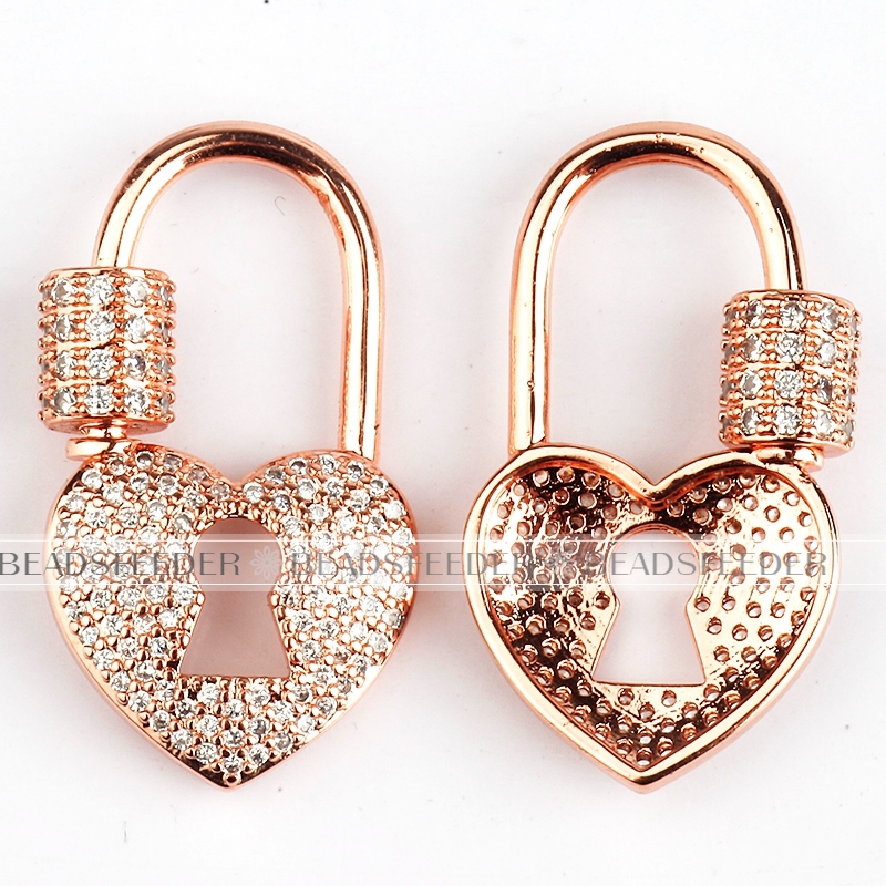 Screw on heart lock Shape Clasp for metal chain and cord, Gold/Rose gold/Silver/Black,Pave heart Lock,28x16mm,1pc