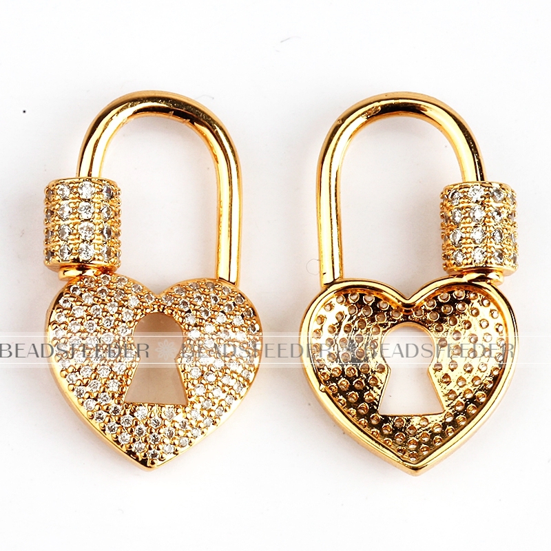 Screw on heart lock Shape Clasp for metal chain and cord, Gold/Rose gold/Silver/Black,Pave heart Lock,28x16mm,1pc