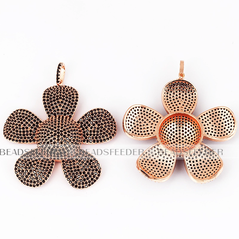 Black CZ plum flower pendant/focal , Micro Pave black Cubic Zirconia charms in silver/gold/rosegold colour,58mm 1pc