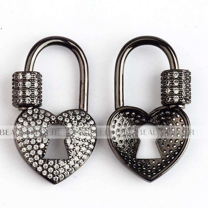 Screw on heart lock Shape Clasp for metal chain and cord, Gold/Rose gold/Silver/Black,Pave heart Lock,28x16mm,1pc