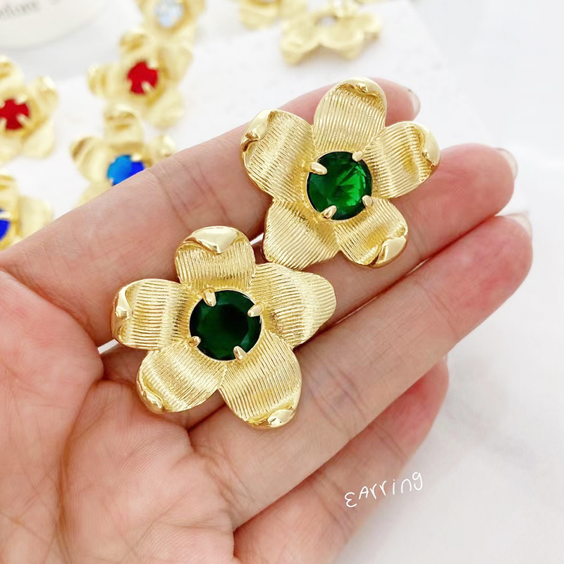 Jumbo Flower Stud Earring with  Zirconia Micro Paved,  Brass/Copper Based with 18K Real Gold Plated