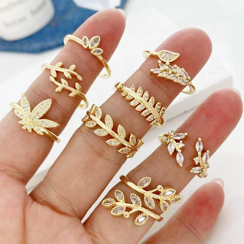Leaf Finger Rings with Clear Zirconia Micro Paved Open Resizable Finger , Brass Based Metal with 18K Real Gold Plated