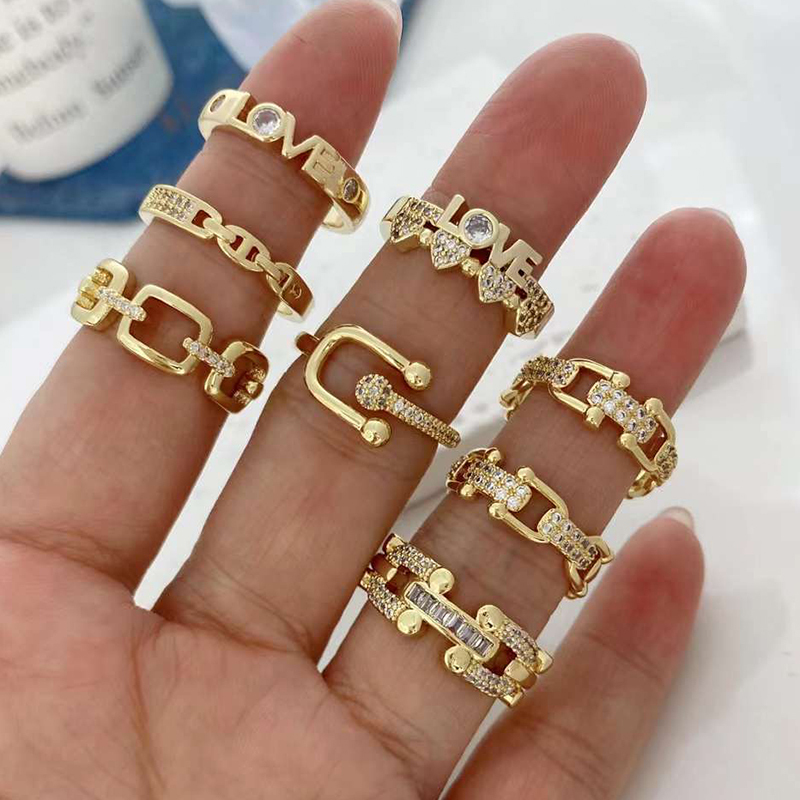 Love U Shape Zirconia Micro Paved Open Resizable Finger , 18K Real Gold Plated
