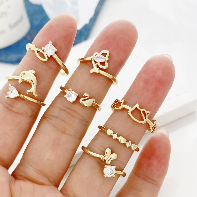 Slim Butterfly Doupin Kitty Finger Ring with  Clear Zirconia Micro Paved,  Open Resizable Finger Ring , Brass Based Metal with 18K Real Gold Plated