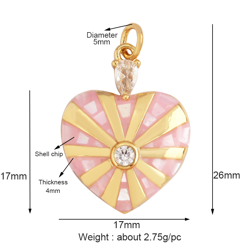 Trendy Colorful Love Heart Inlaid Shell Chips Charm Pendant,Cute Brass 18K Gold Jewelry Necklace Accessories DIY Making Supplies